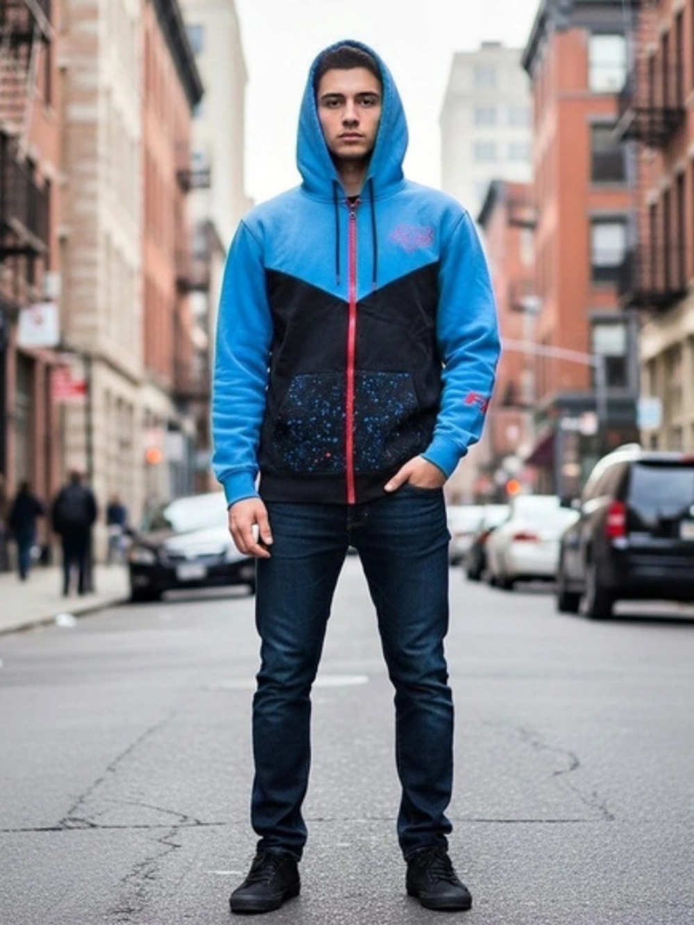 Vintage Y2K Fox Racing Color Block Zip Hoodie in Blue & Black And Red Accents